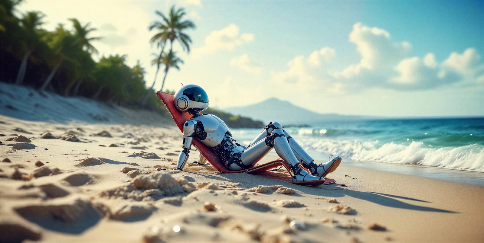 A humanoid robot relaxing in a beach chair by the sea